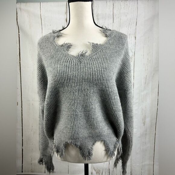 Dance & Marvel Destructed Distressed Gray Sweater V Neck - Picture 8 of 8